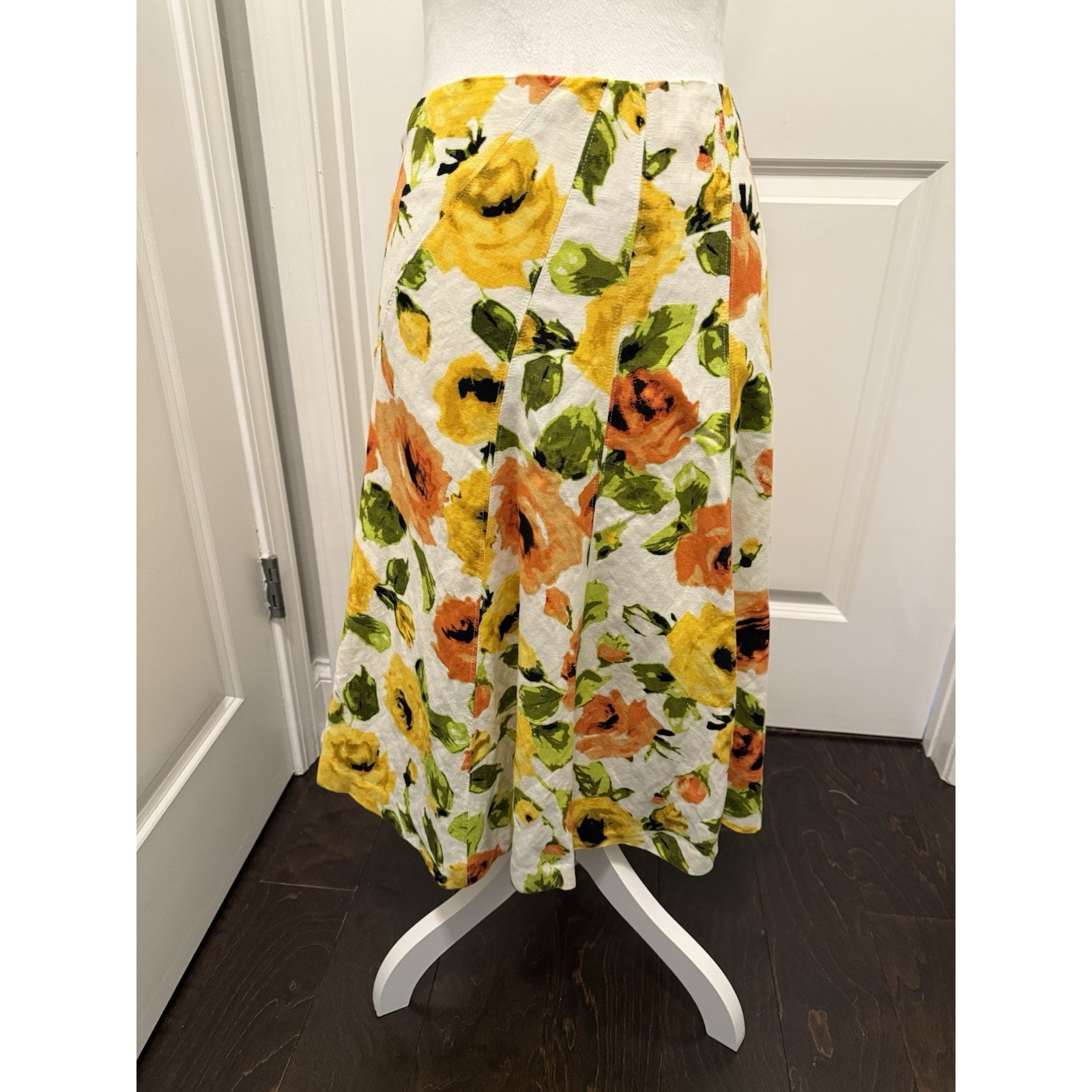 Premise Linen Floral A Line Skirt Yellow Orange Size 10